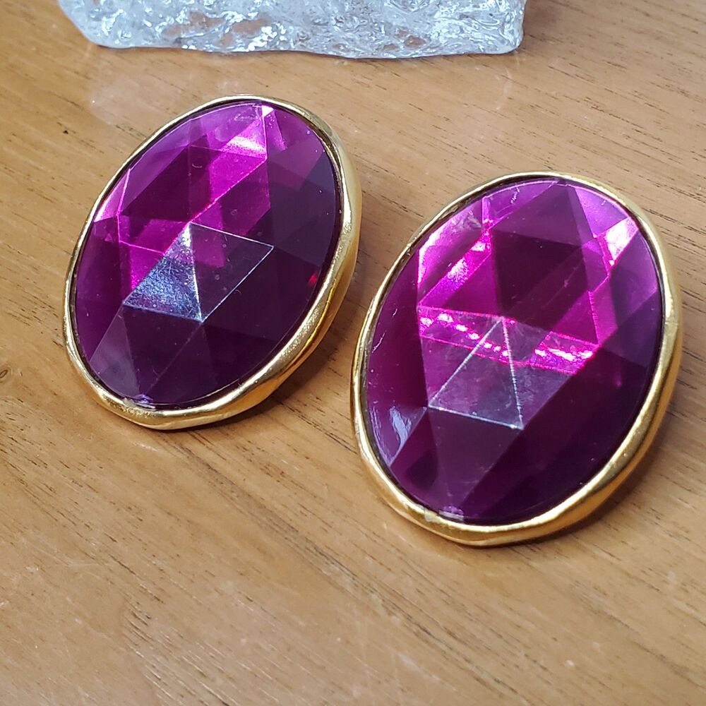 VTG Ben-Amun Pink Oval Rhinestone Earrings Womens Large Clip ON 1980's Jewlery